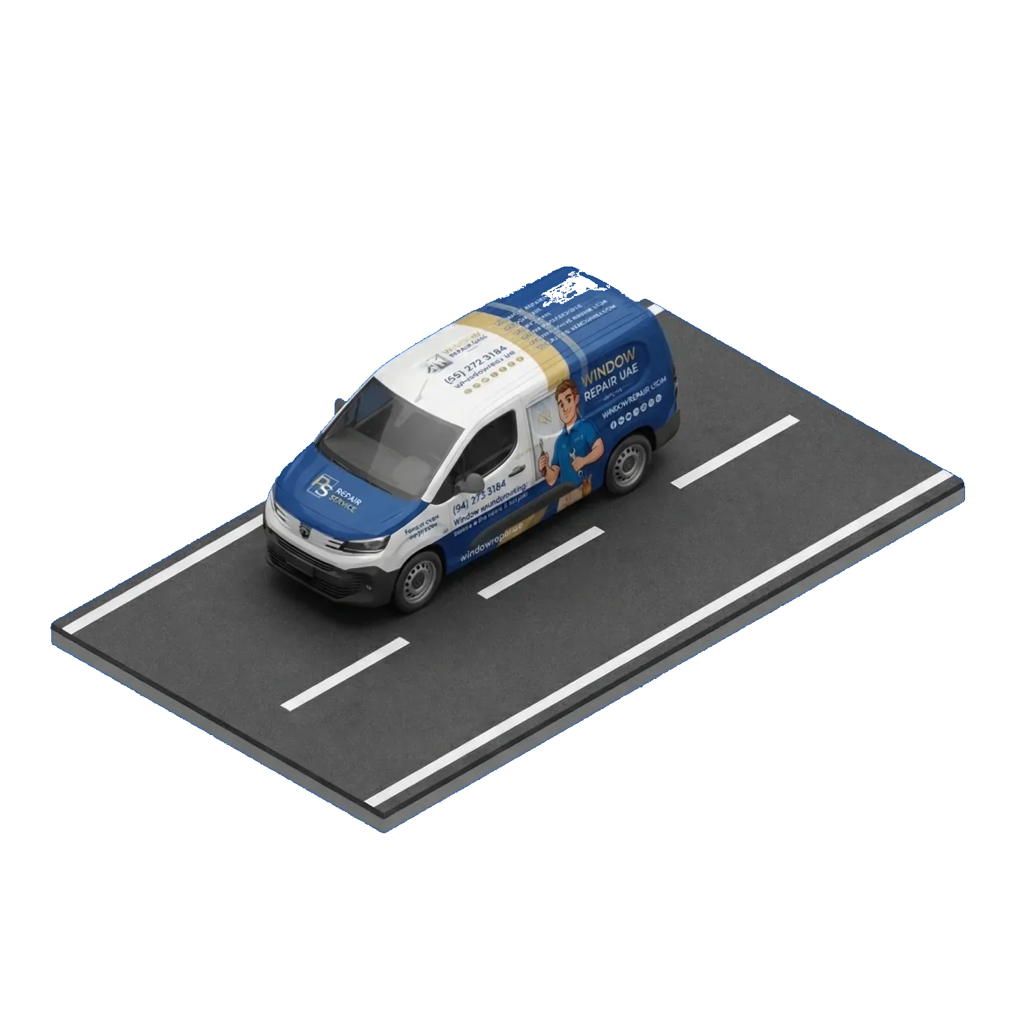 Window Repair UAE service van on a section of road, isometric 3D render