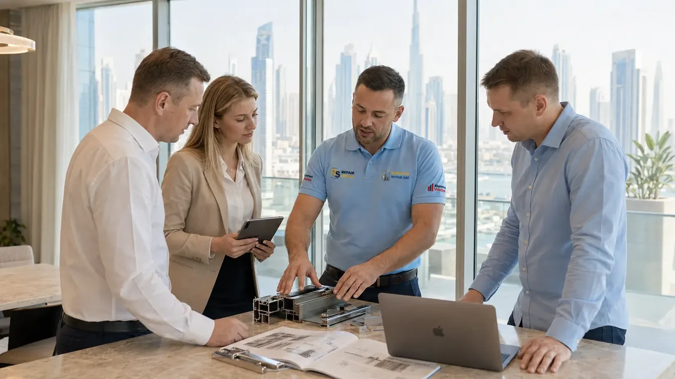 Window Repair UAE specialists discussing an aluminium profile with clients above the Dubai skyline