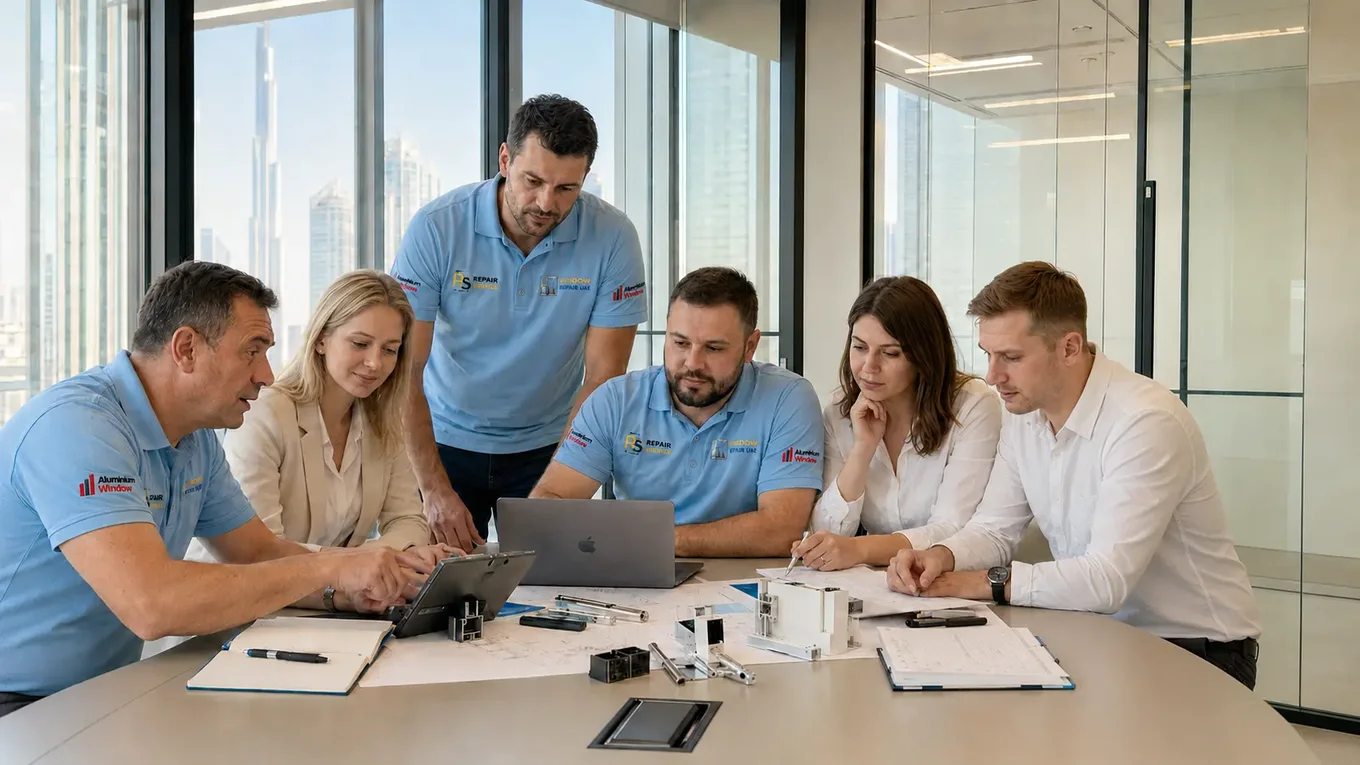 Window Repair UAE team reviewing window profiles and drawings in the Dubai office