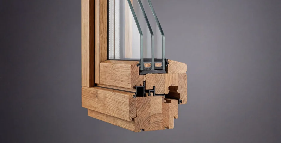 Corner of a wooden window frame in cross-section