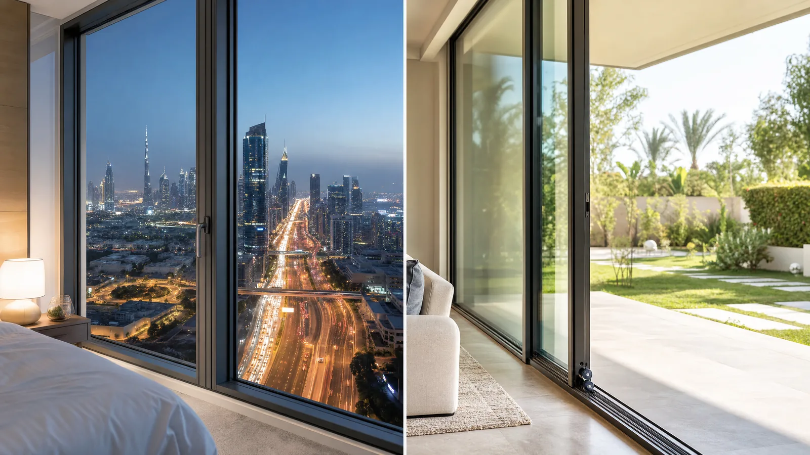 Split scene in Dubai: a high-rise apartment window above Sheikh Zayed Road traffic and a villa's wide sliding glass doors opening to a garden