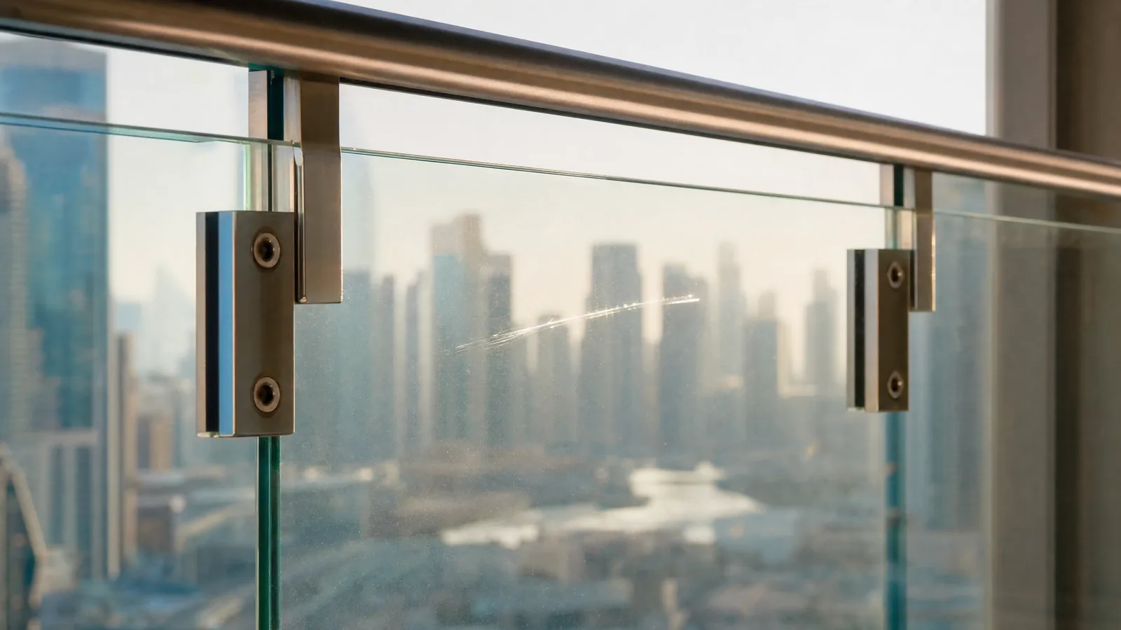 Glass balcony balustrade panel in a Dubai apartment with a fine scratch catching the sunlight near a stainless steel handrail