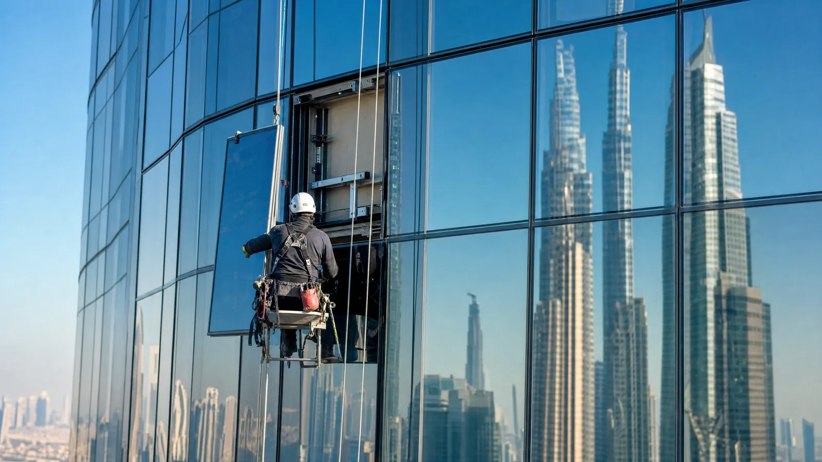 Rope-access technician replacing a fogged glass panel on a Dubai tower facade without scaffolding