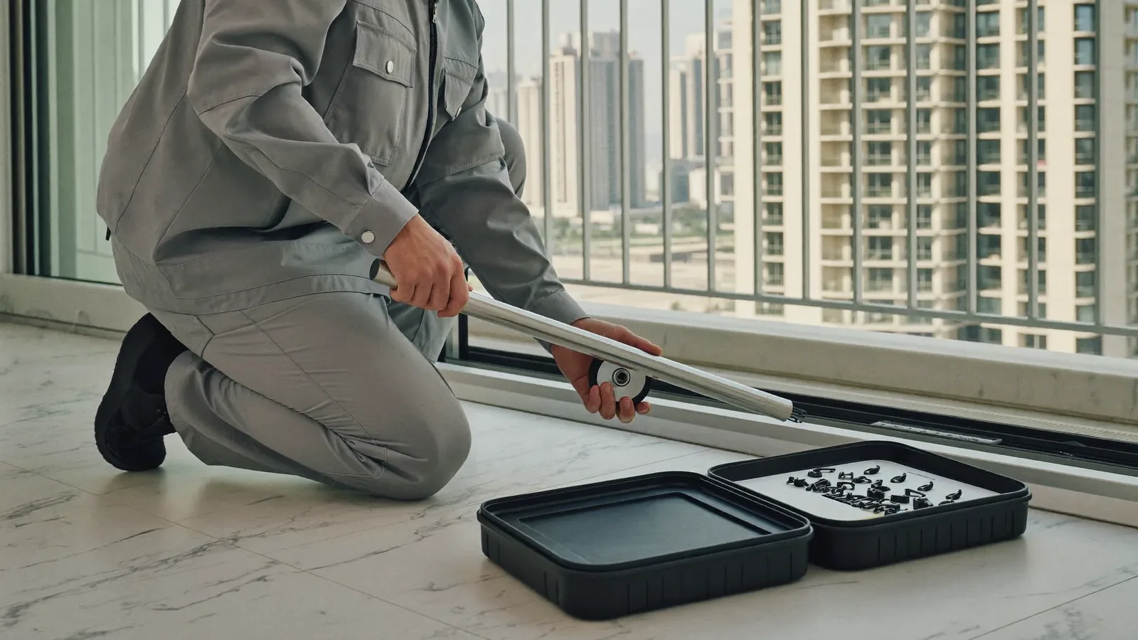 A kneeling technician in a plain grey uniform holds a new stainless sliding-door roller beside the track of a floor-to-ceiling glass door, an open case of spare hardware on the marble floor and Dubai high-rises beyond the balcony.