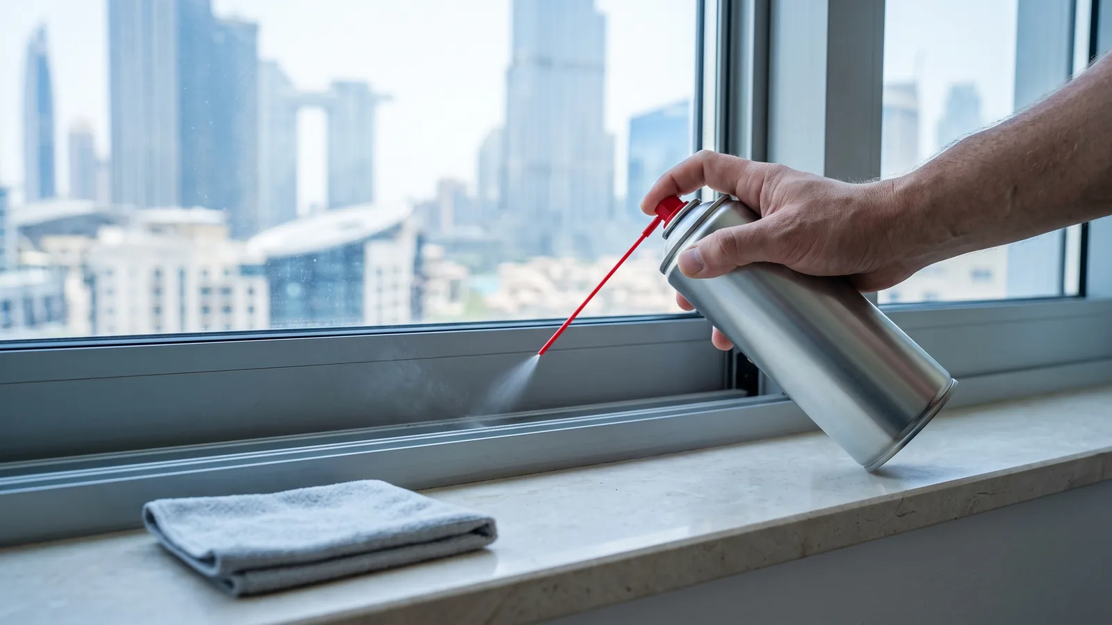 A hand aims the thin applicator straw of a plain unlabelled aerosol can along the clean, dry bottom channel of a sliding window, with a folded microfibre cloth resting on the sill.