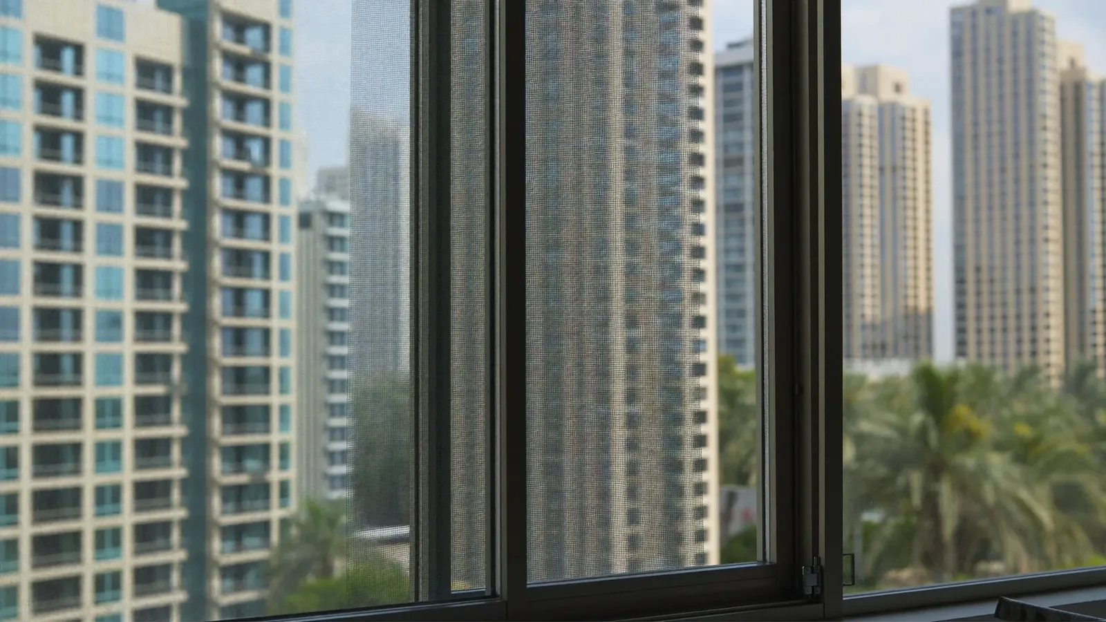 A fine-mesh insect screen in a slim dark aluminium frame slid halfway across a modern sliding window, with Dubai high-rise towers and palm trees seen through the clear glass beside it.