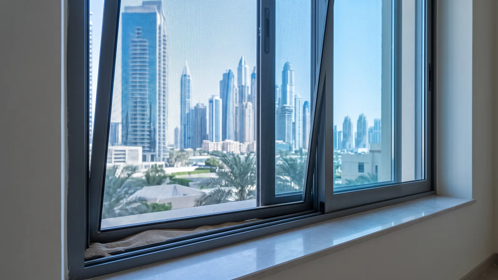 A mosquito screen panel in a slim dark aluminium frame stopped a third of the way across a Dubai apartment window, sitting out of square with a wedge-shaped gap at its leading edge and pale sand banked in the shallow outer channel beneath it.