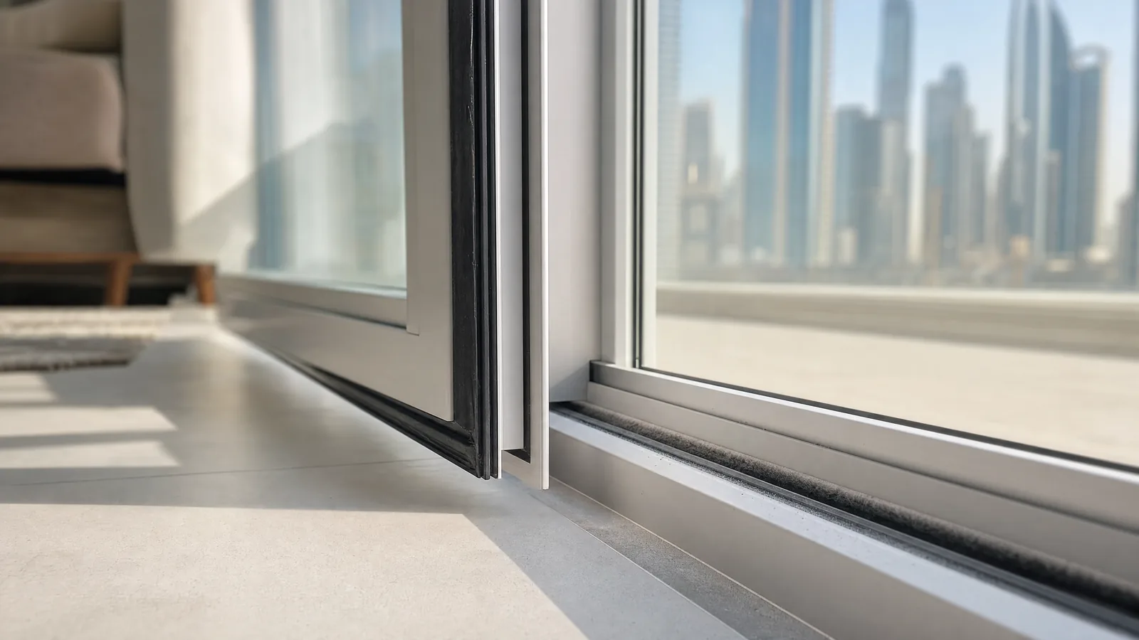 Close-up of a Dubai apartment window corner: a black rubber gasket around the hinged sash beside a grey felt pile strip in a sliding door track