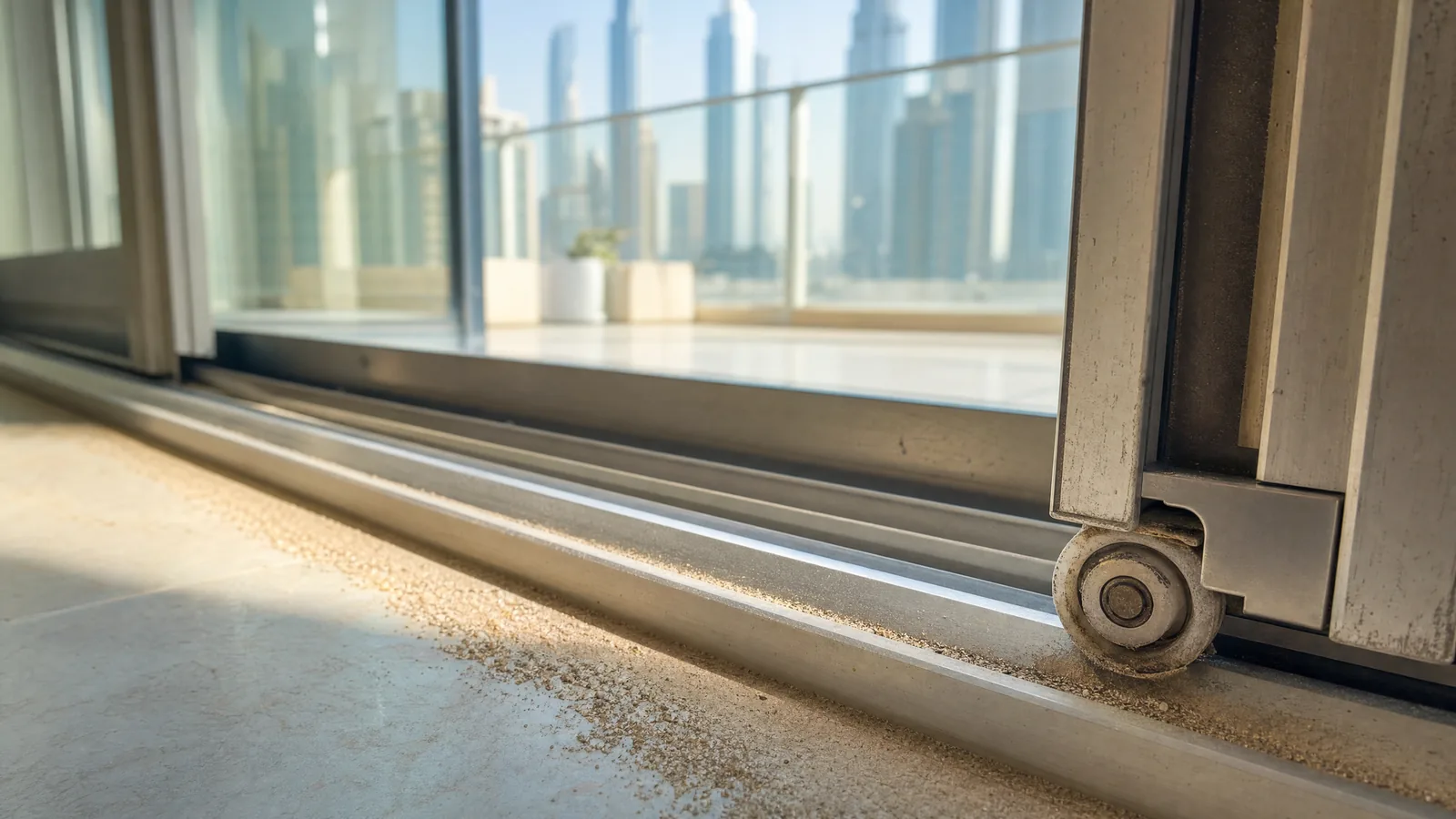 Close-up of a sliding balcony door bottom track in a Dubai apartment with fine sand in the channel and a worn roller in bright daylight