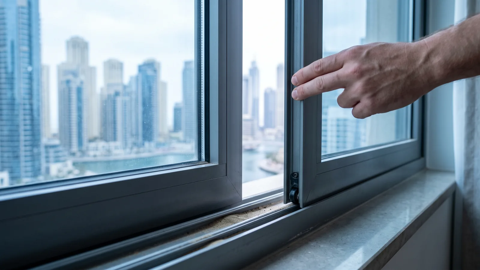 A bare hand pushes the sash of a slim grey aluminium sliding window open by a hand's width in a Dubai apartment, fine sand drifted along the narrow bottom track and Marina towers beyond the glass.