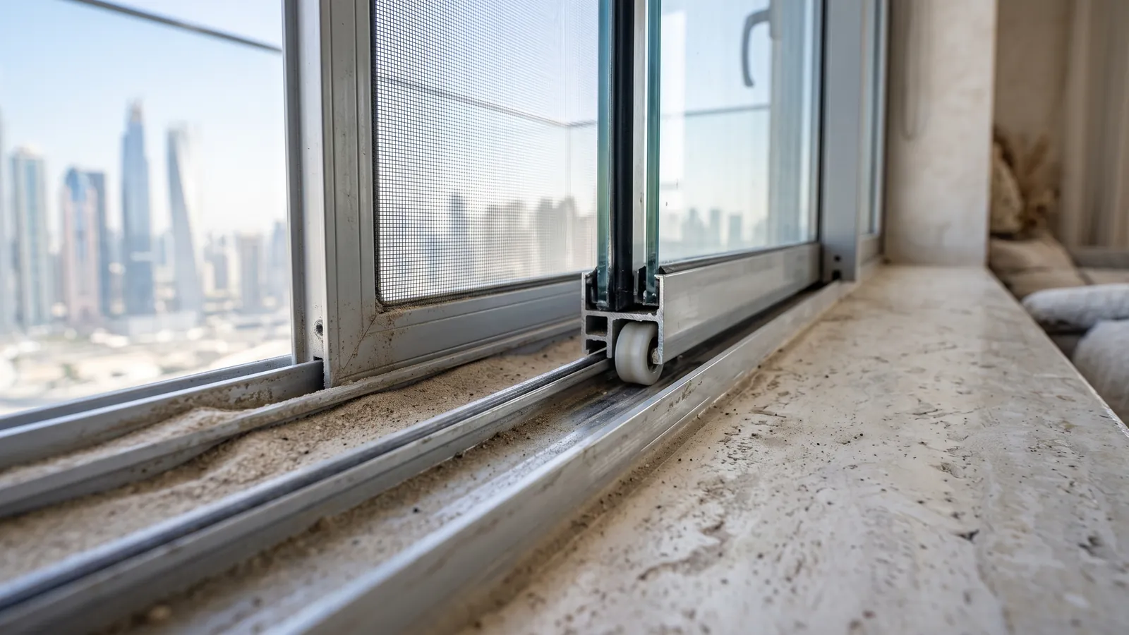 Close-up of the bottom rail of an aluminium sliding window with three parallel channels: the outer one holds the mosquito screen frame and is packed with pale desert sand, the middle and inner ones stay clean under the glass sashes, and a small nylon roller shows beneath the inner sash.