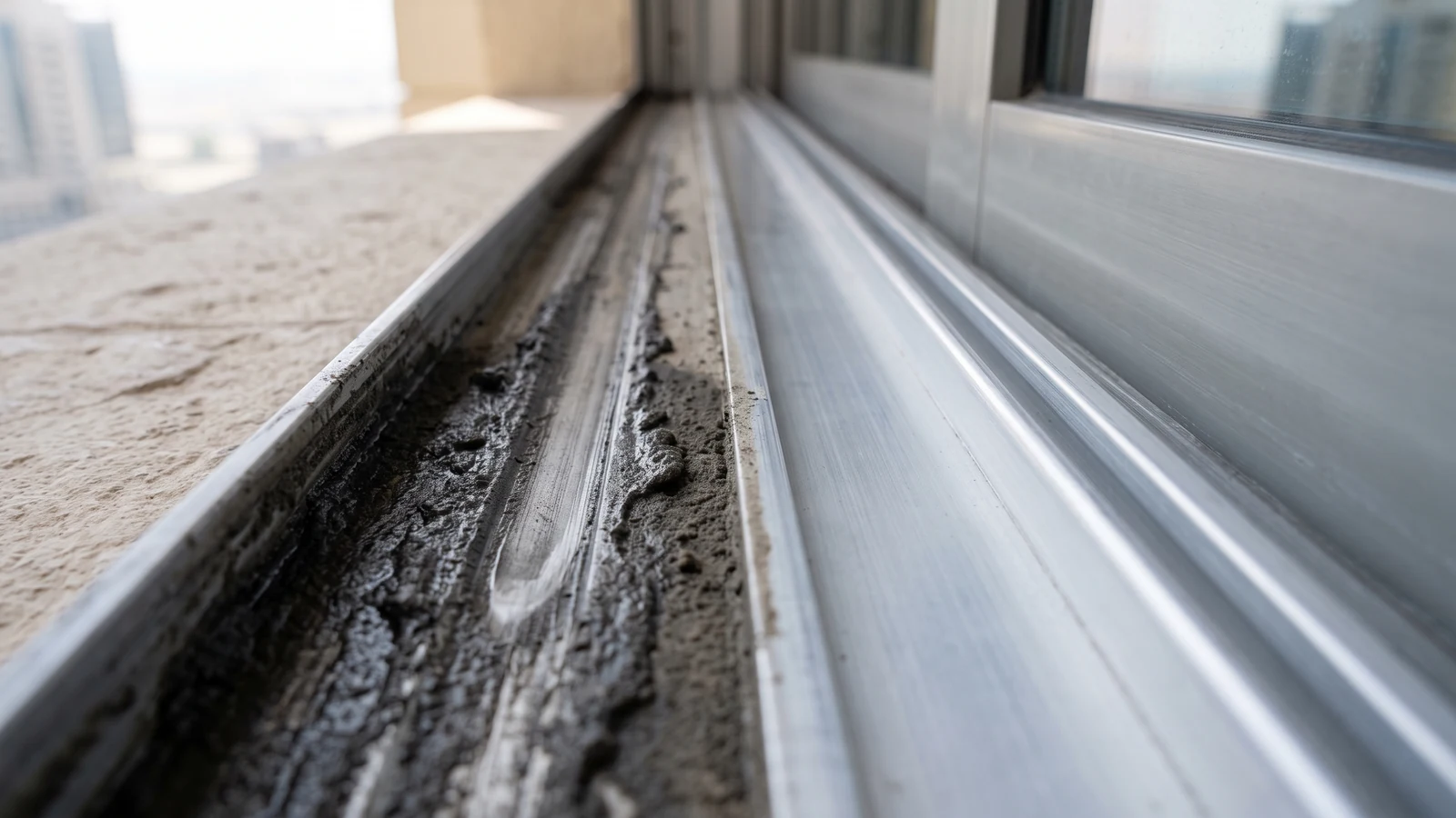 Macro of a sliding window's bottom track: one channel is packed with dark grey oily sand paste with a groove pressed through it by the roller, while the channel beside it has been cleaned down to bare pale aluminium.