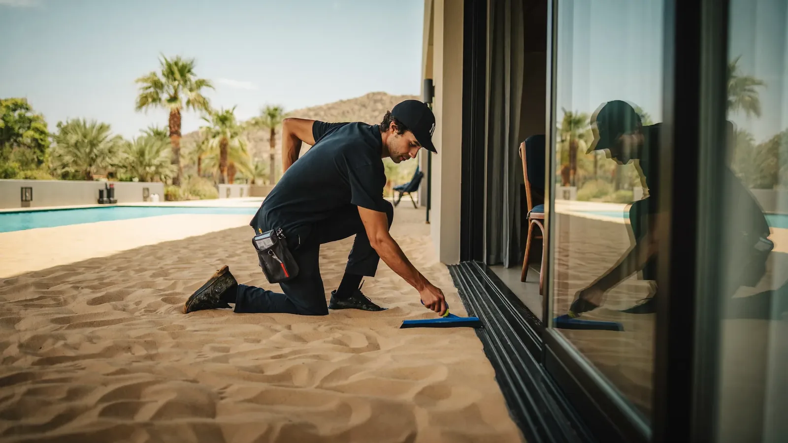 A technician kneeling on a Dubai villa terrace brushes desert sand out of the bottom track of a wide sliding glass door, with palm trees and a swimming pool behind him.