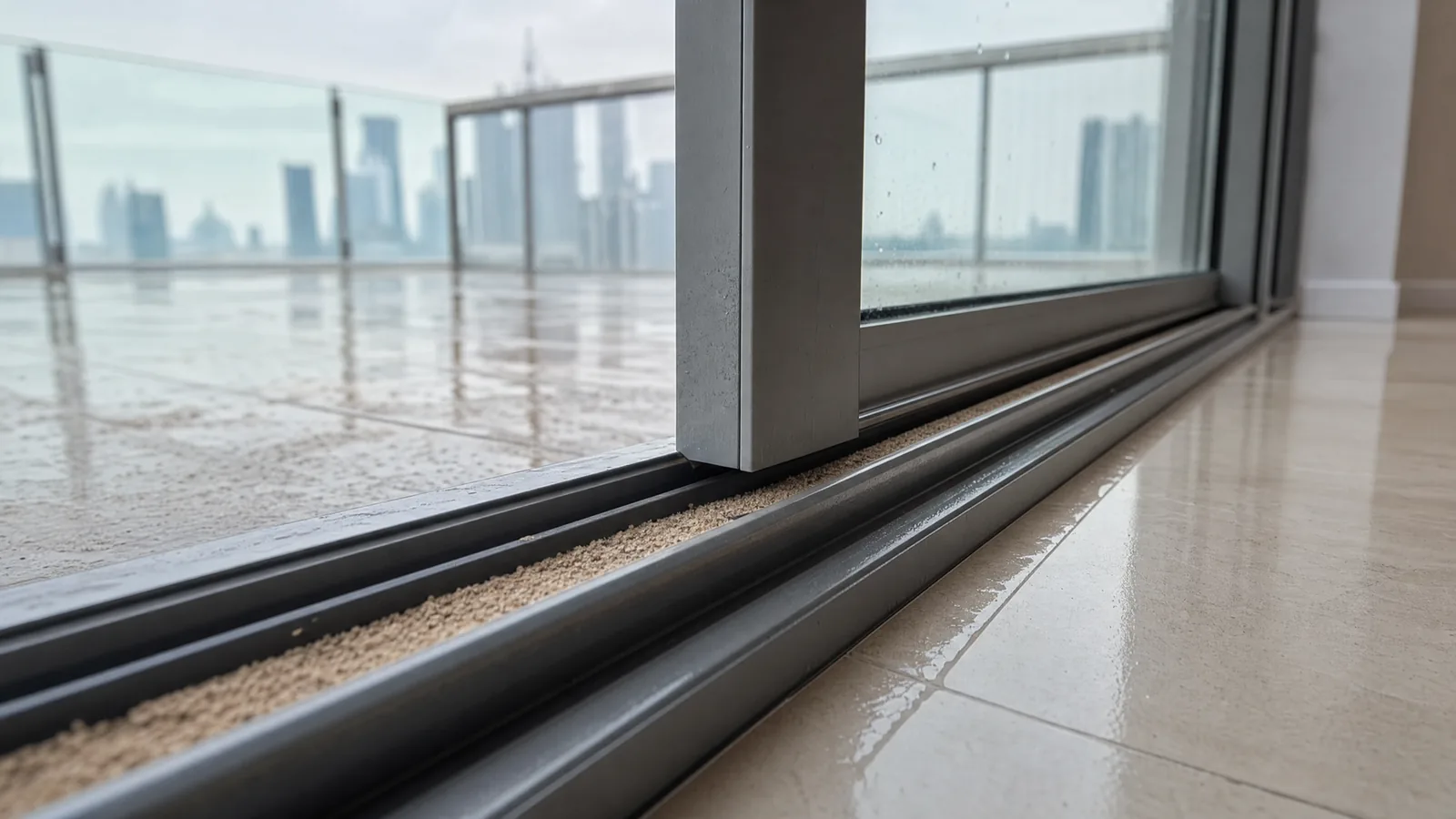 Close-up of an aluminium sliding balcony door bottom track in a Dubai apartment after rain, with fine sand packed into the outer channel and a small puddle of water standing against the inner lip.