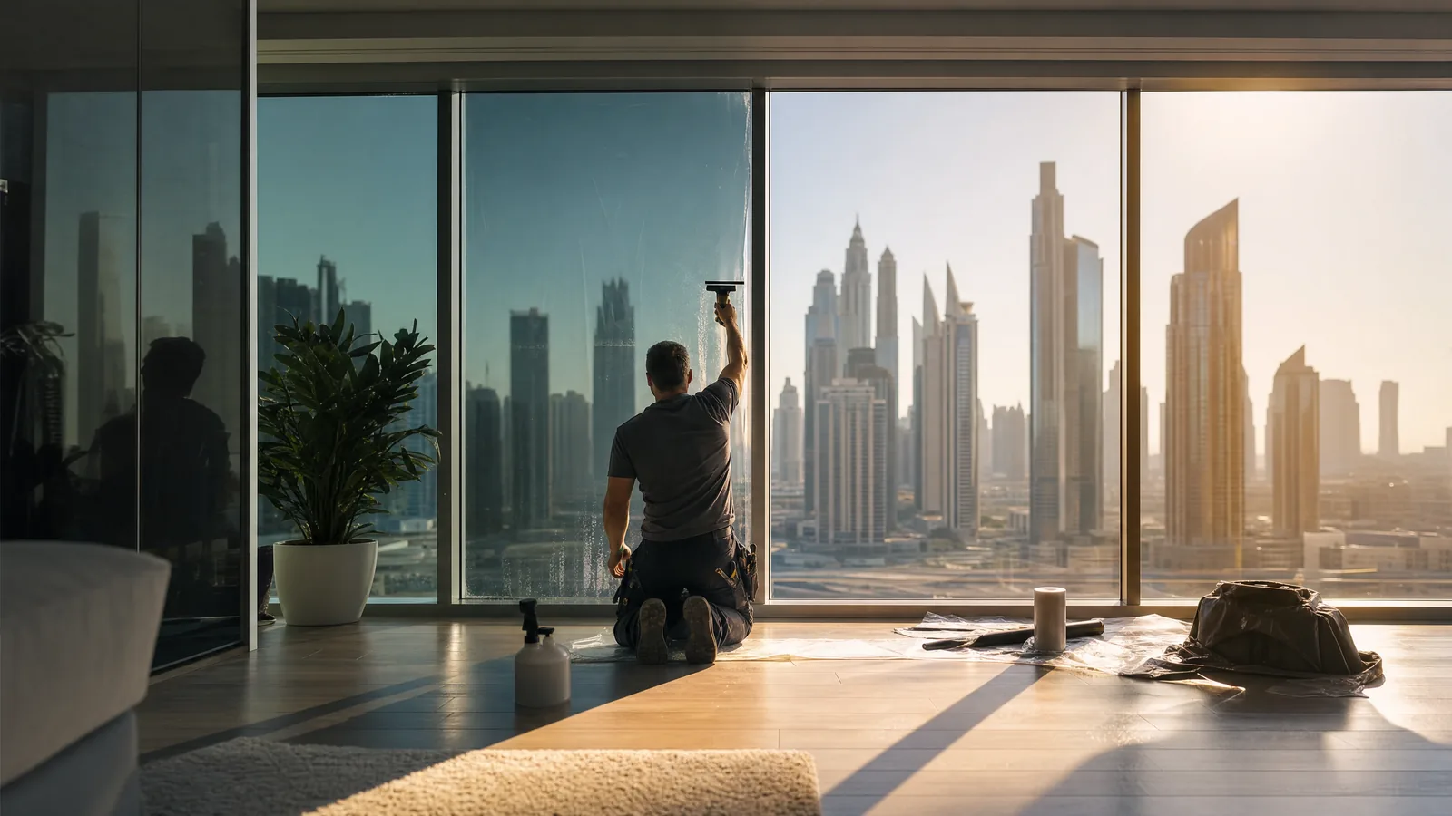 Technician smoothing tinted film onto a floor-to-ceiling window in a Dubai apartment, half the pane already darkened against the afternoon sun