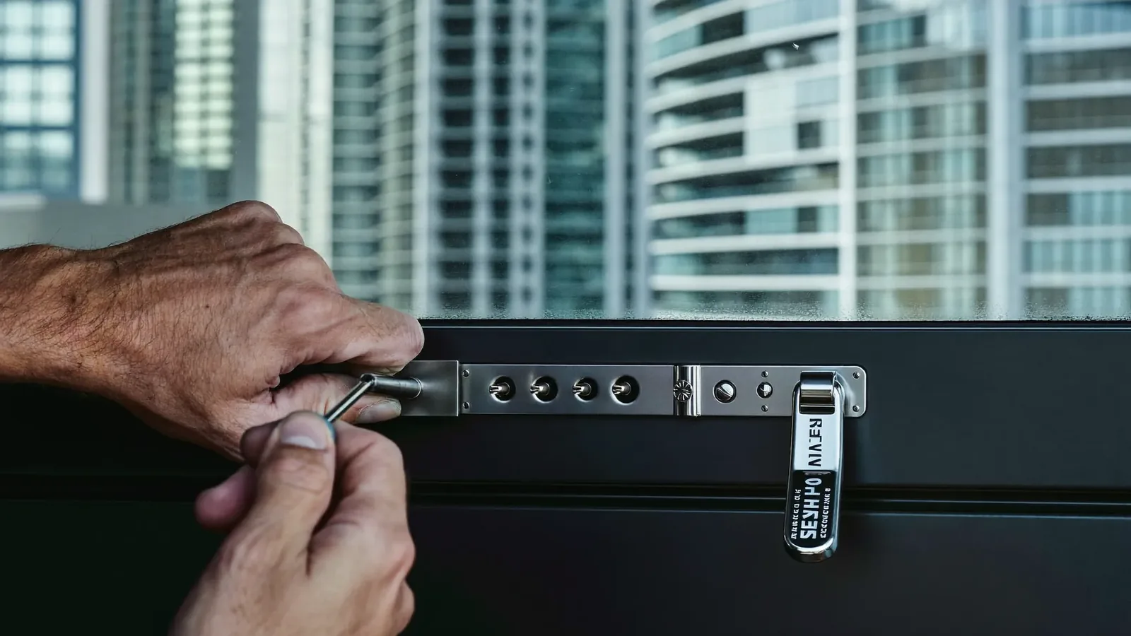 A technician's hands hold the brushed steel lever handle of a dark aluminium window and drive a screw beneath it, with the multi-point lock strip exposed along the sash edge and the towers of Dubai Marina beyond the glass.