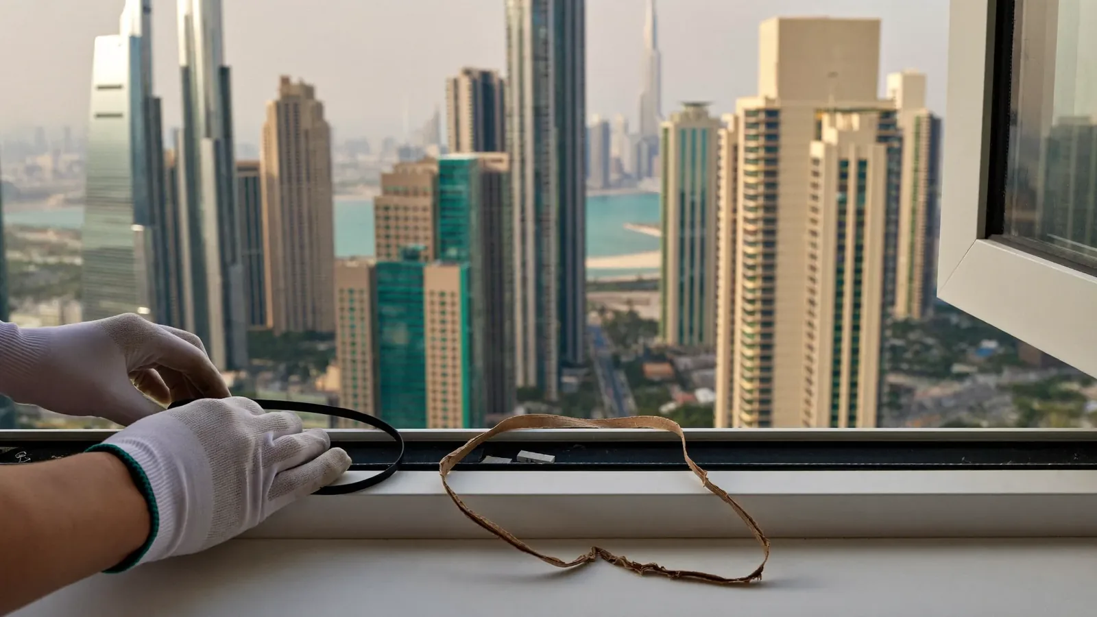 Gloved hands feeding a new black rubber gasket into the frame channel of an open aluminium window, with Dubai high-rise towers beyond the glass and the old cracked seal coiled on the sill.