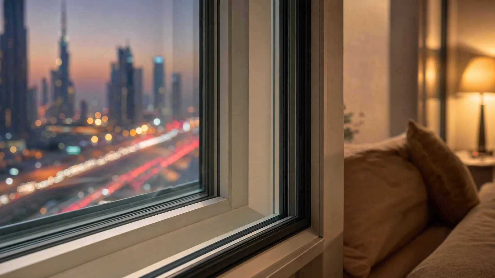 Secondary glazing panel with a deep air gap fitted inside a Dubai apartment window, blurred evening traffic lights behind the quiet glass