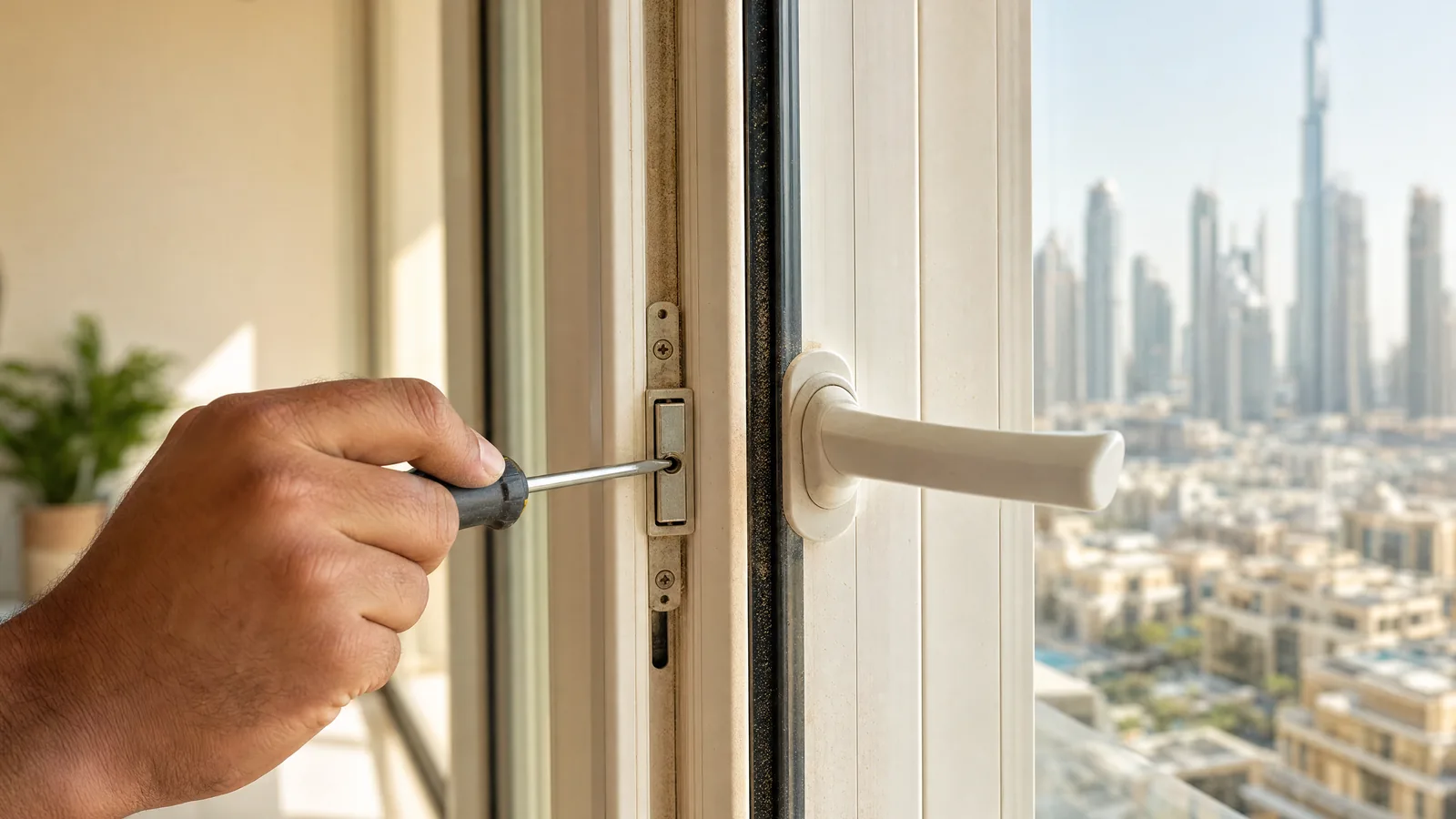 Technician adjusting the keep on a white uPVC window frame in a Dubai apartment, the handle stuck half-turned