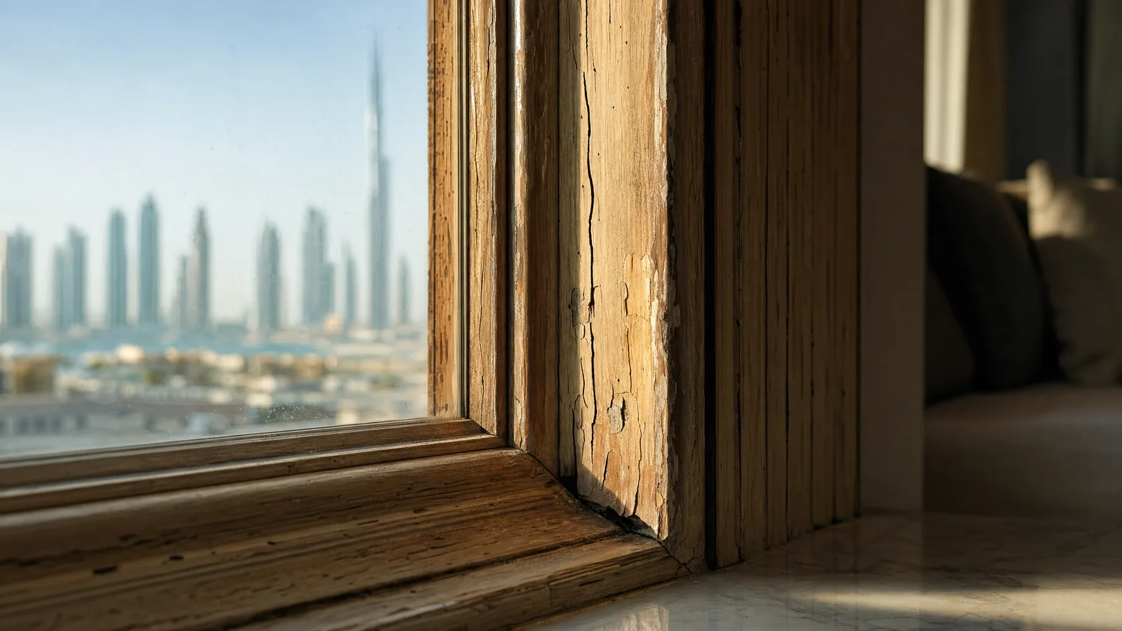 Close-up of a dried wooden window frame in a Dubai apartment, fine cracks along the grain and a small gap at the corner joint, bright sun behind the glass