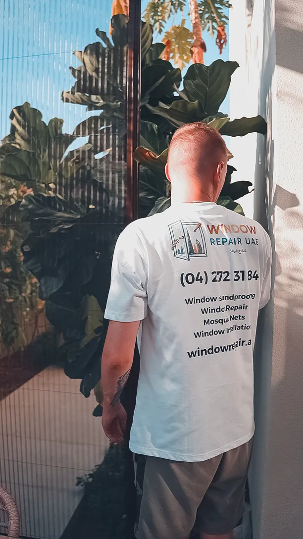 Technician in Window Repair UAE uniform on a planted Dubai balcony