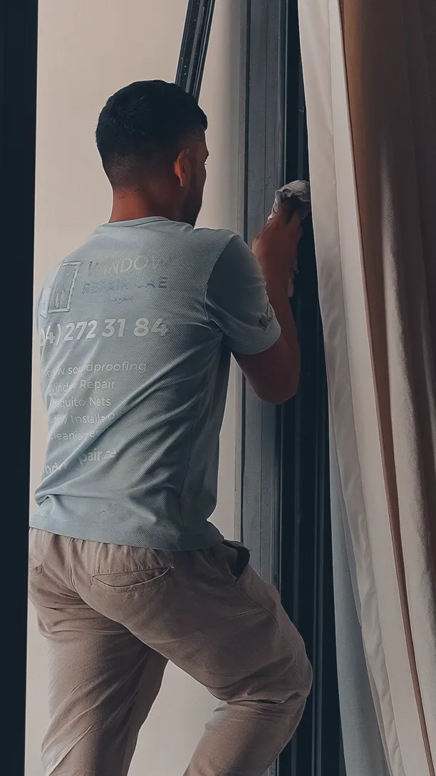 Technician reaching a sliding door behind the curtain