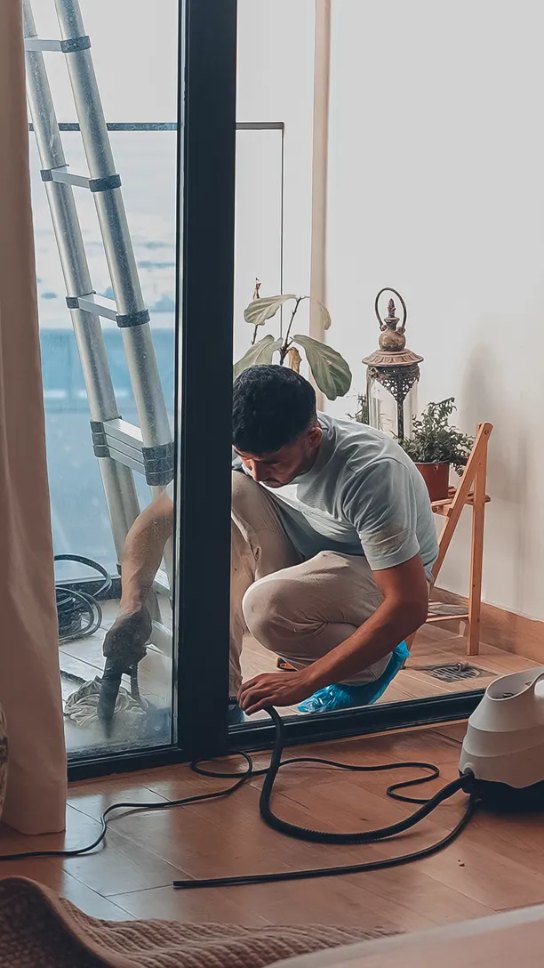 One technician outside the glass and one inside, on a villa terrace door
