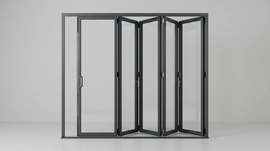 Bi-fold accordion door of six glass panels folded in a concertina