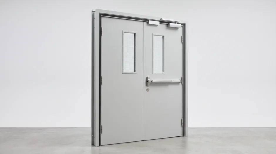 Fire-rated steel double door with a panic bar, vision panels and an overhead closer