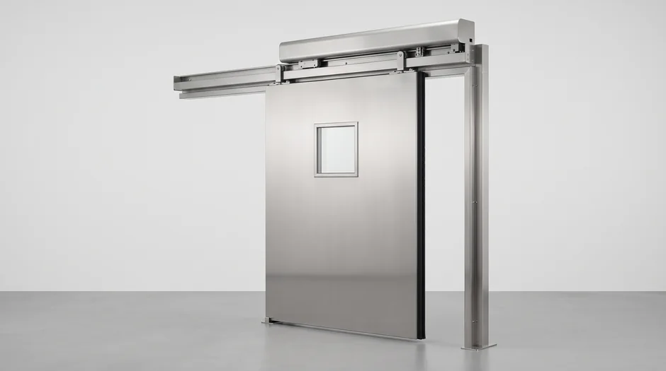 Hermetic sliding door in stainless steel with a vision panel and overhead drive