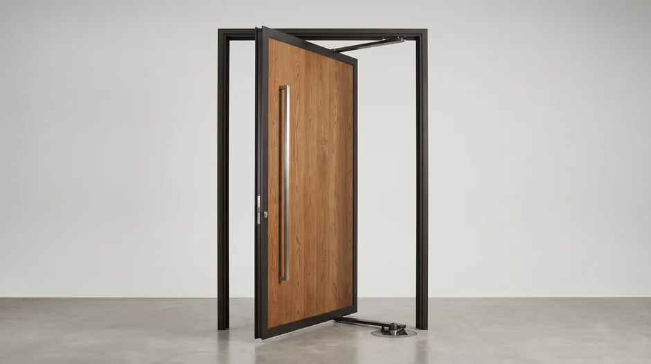 Pivot entrance door with an oak face, standing half open on its floor pivot hinge