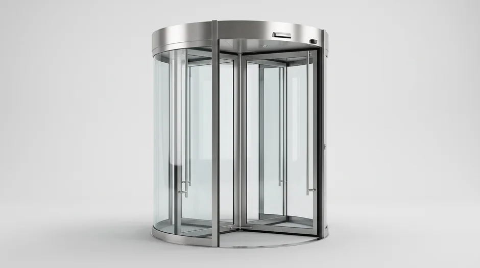 Revolving door drum with glass wings and a brushed steel canopy
