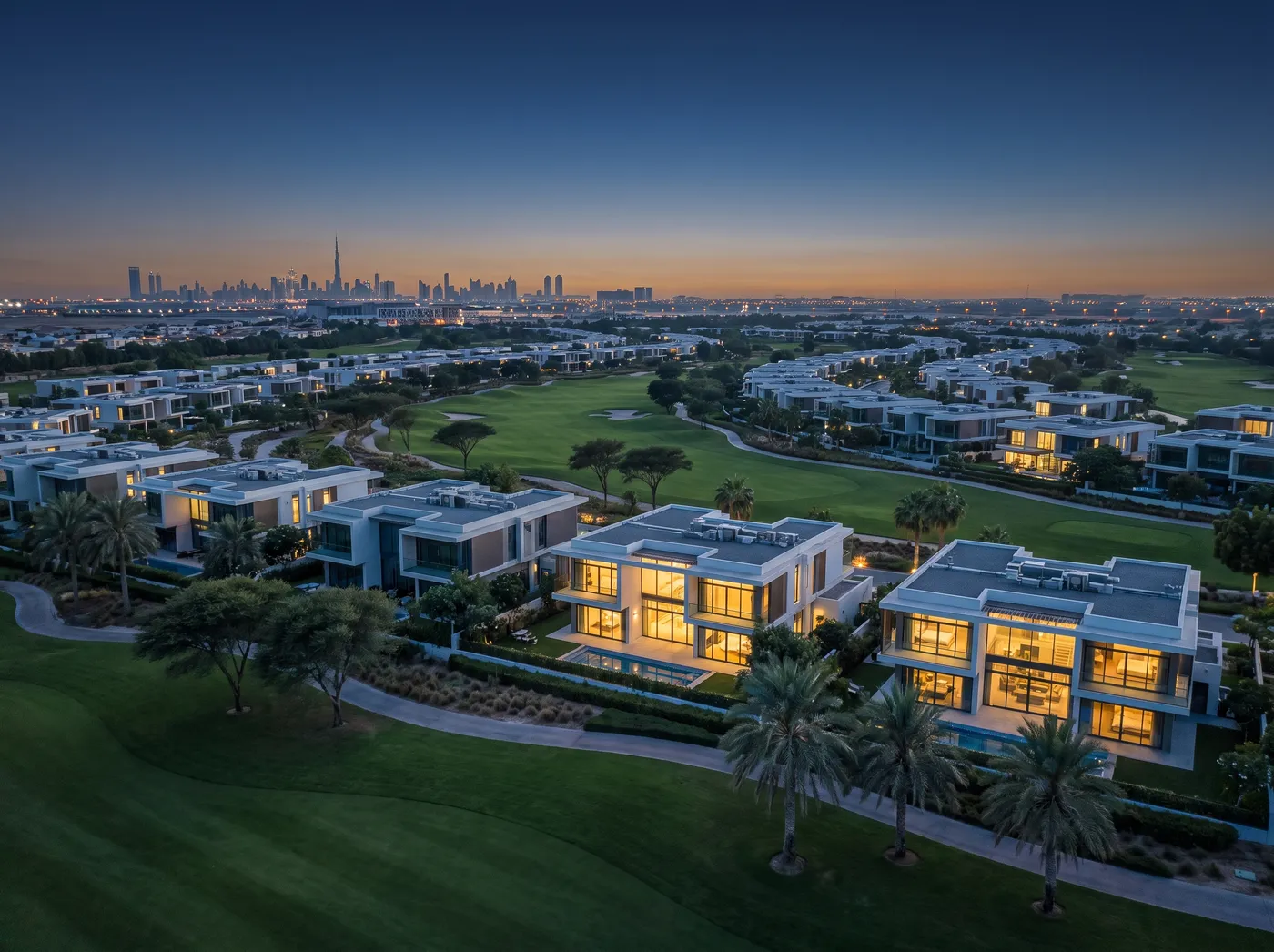 Damac Hills at dusk: modern villas along the green golf fairway