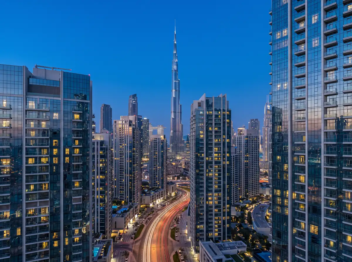 Downtown Dubai towers around Burj Khalifa at blue hour, panoramic glass facades