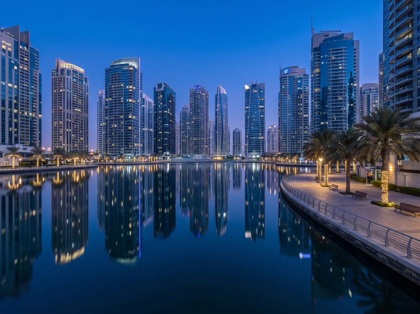 Jumeirah Lakes Towers clusters around the lake at blue hour