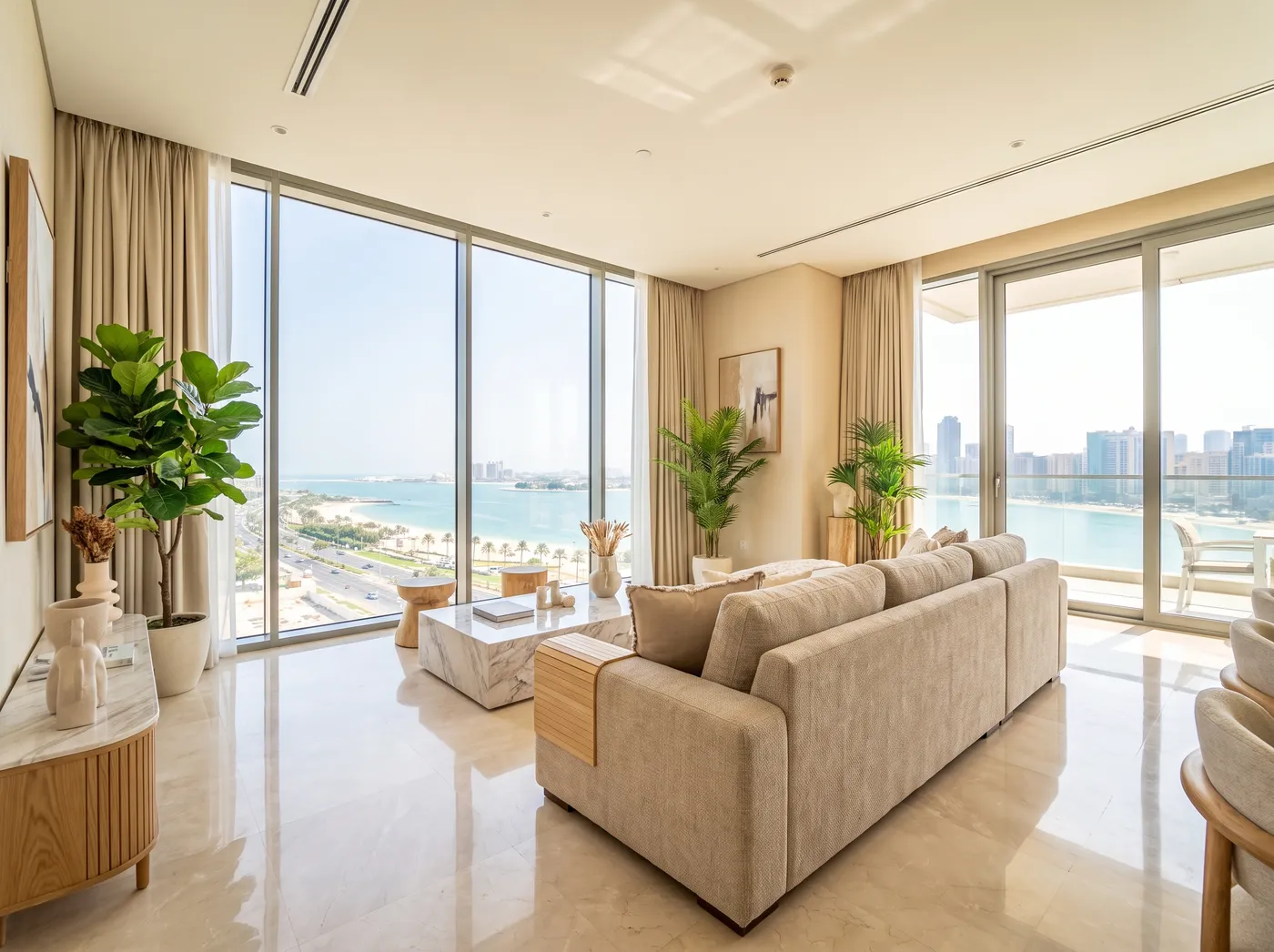 Abu Dhabi apartment interior with floor-to-ceiling windows over the Corniche