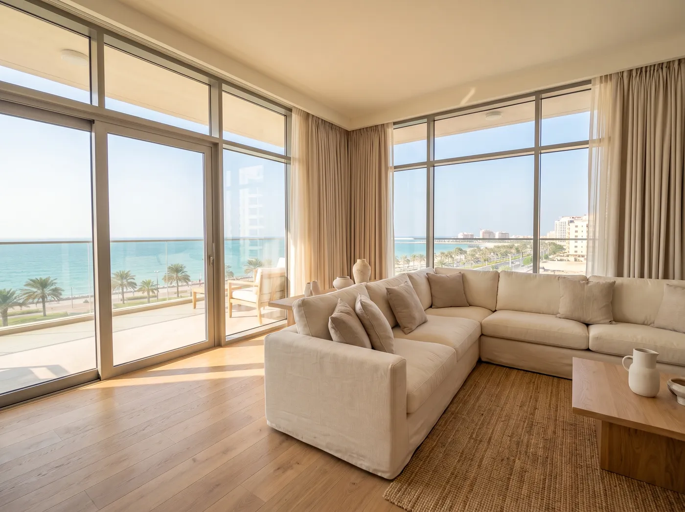 Ajman apartment interior with windows and balcony door over the sea