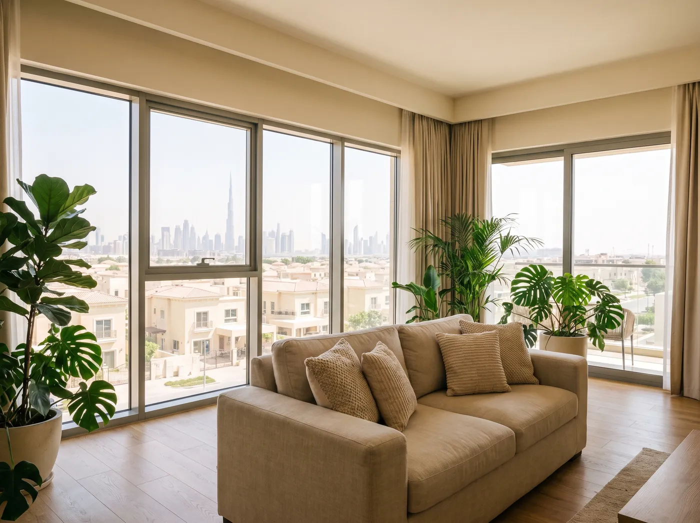 Al Barsha apartment interior with wide windows over villas and the skyline