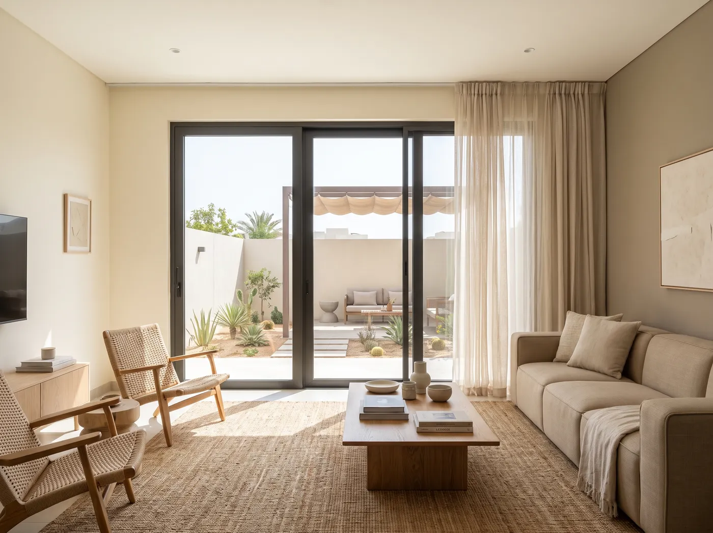 Al Furjan townhouse living room with sliding doors to a small garden