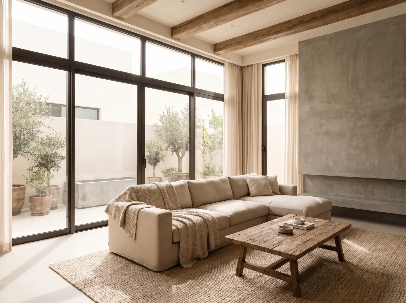 Al Quoz villa living room with wide windows onto a walled courtyard