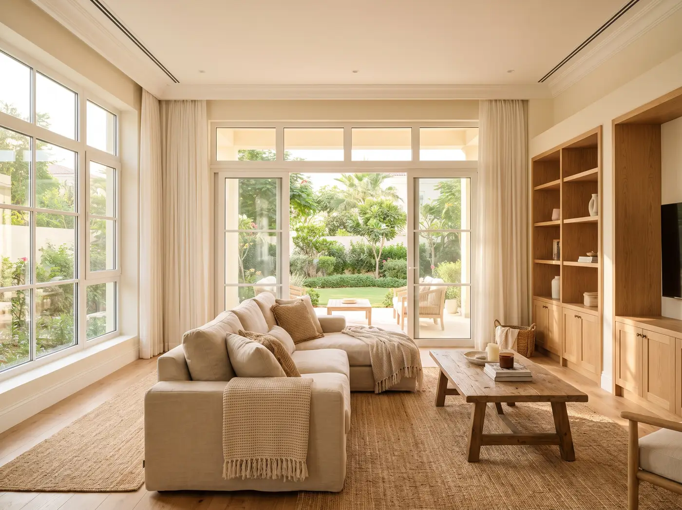 Arabian Ranches villa living room with white-framed glass doors to a green garden