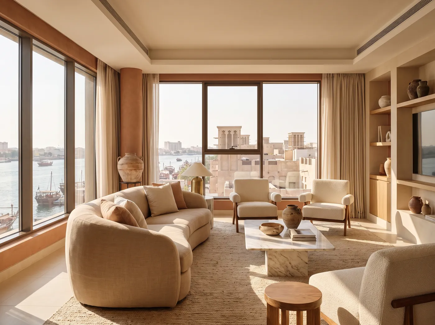 Bur Dubai apartment interior with windows over the Creek and old town rooftops