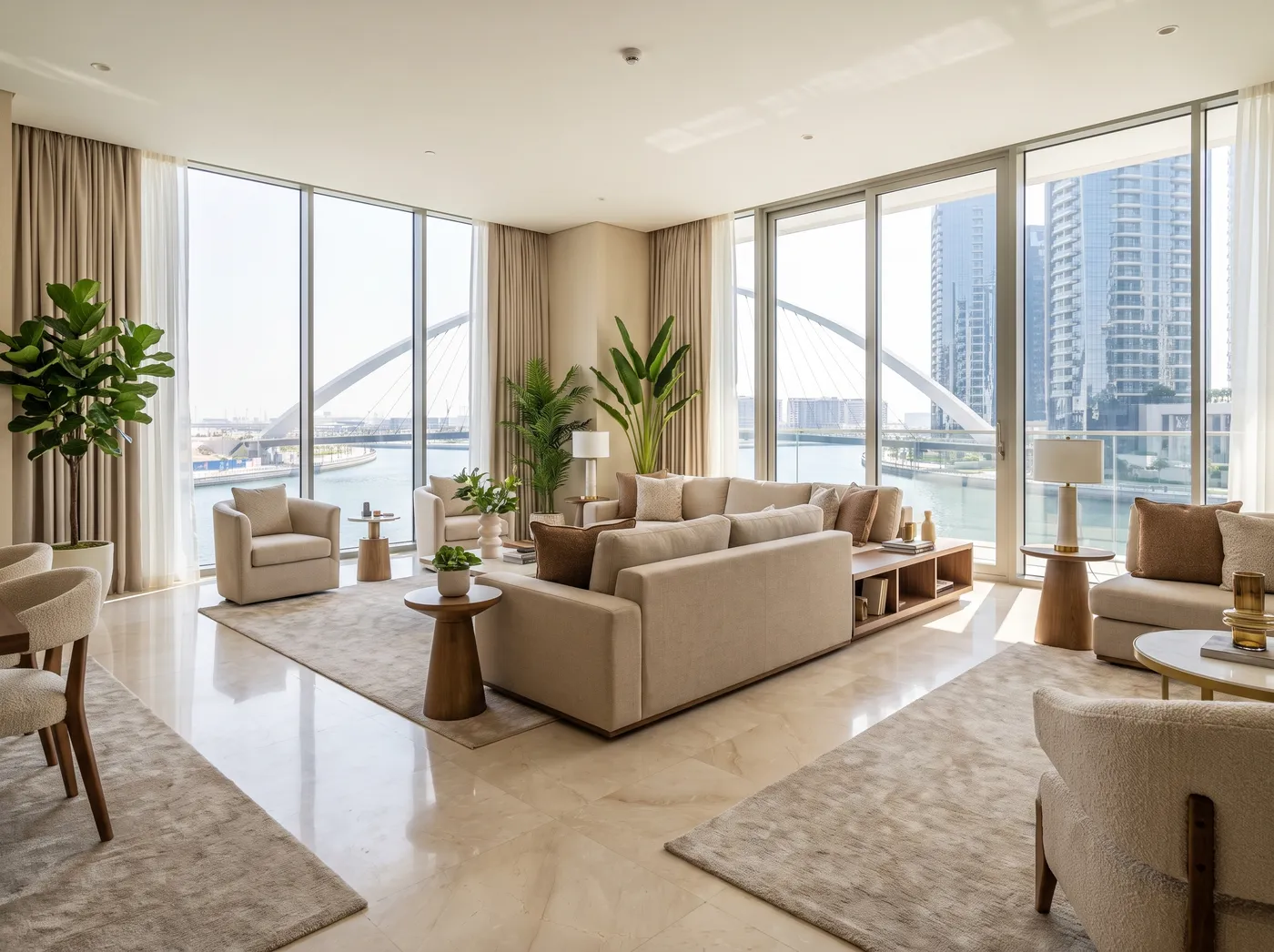 Business Bay apartment interior with windows over the Dubai Water Canal