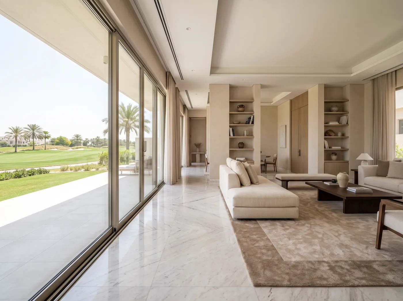 Damac Hills villa interior with sliding glass doors to the golf fairway