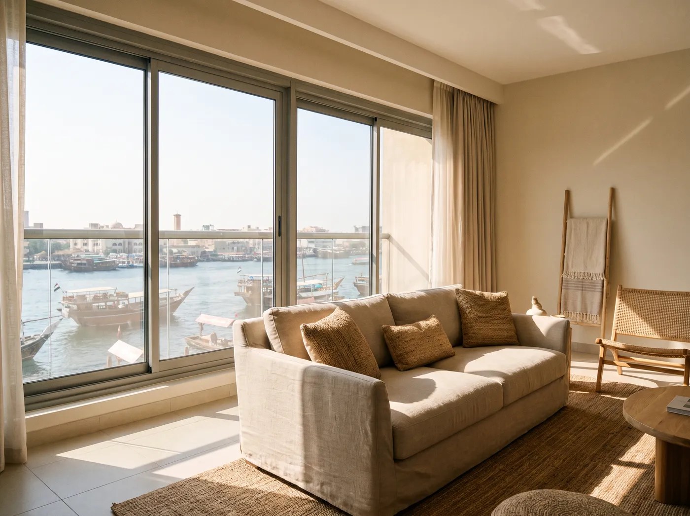 Deira apartment interior with sliding windows over the Creek