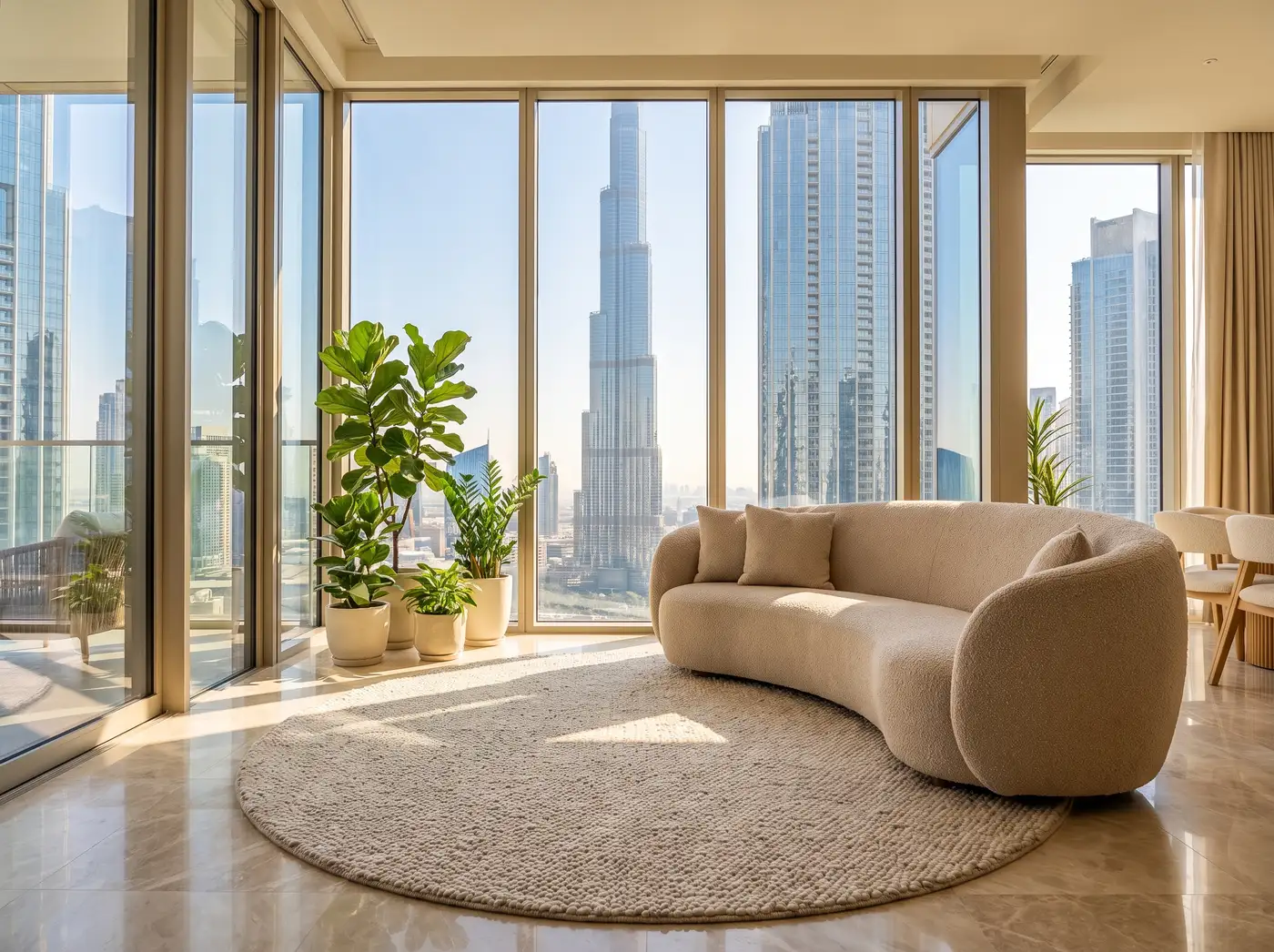 Premium Downtown Dubai apartment interior with floor-to-ceiling windows and Burj Khalifa view