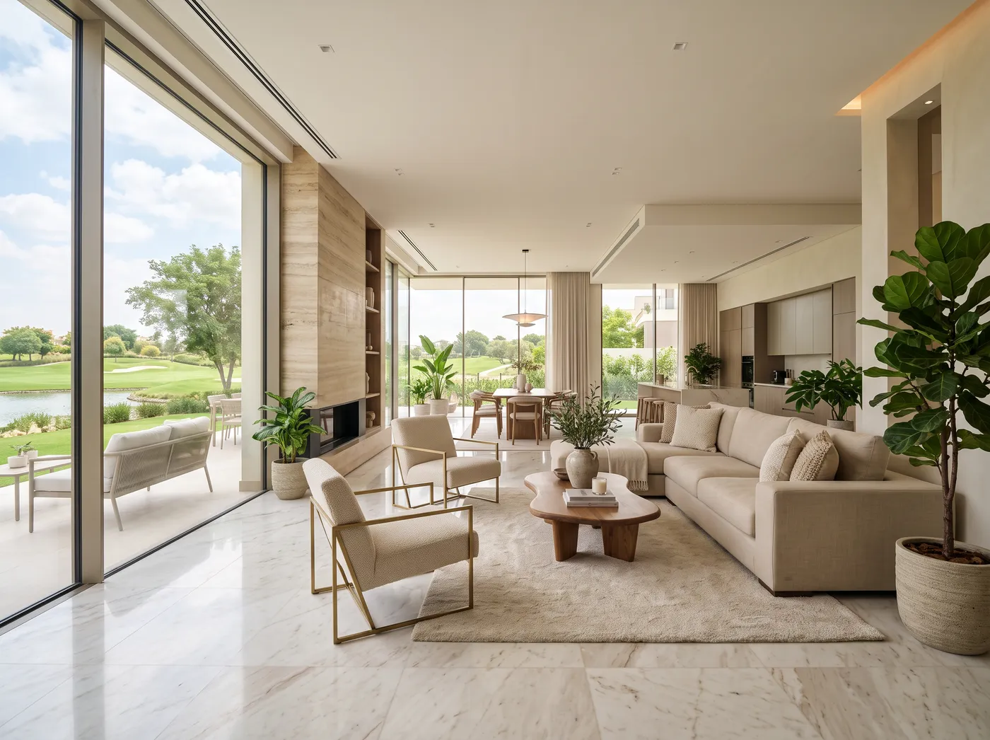 Dubai Hills villa interior with floor-to-ceiling glazing overlooking the park