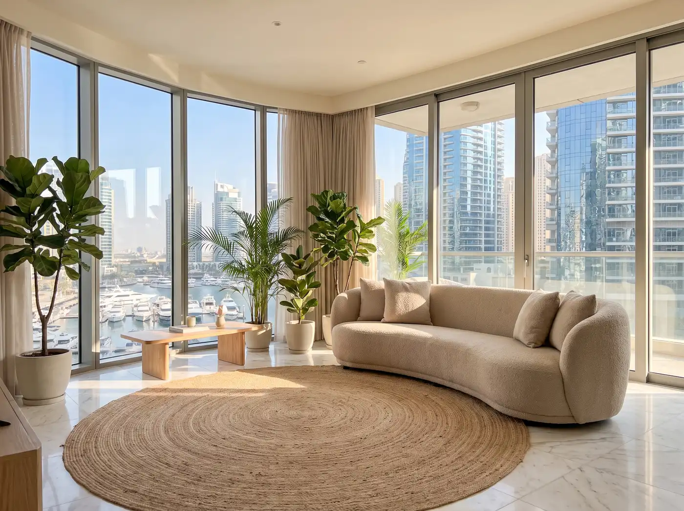 Dubai Marina apartment interior with floor-to-ceiling windows overlooking the marina