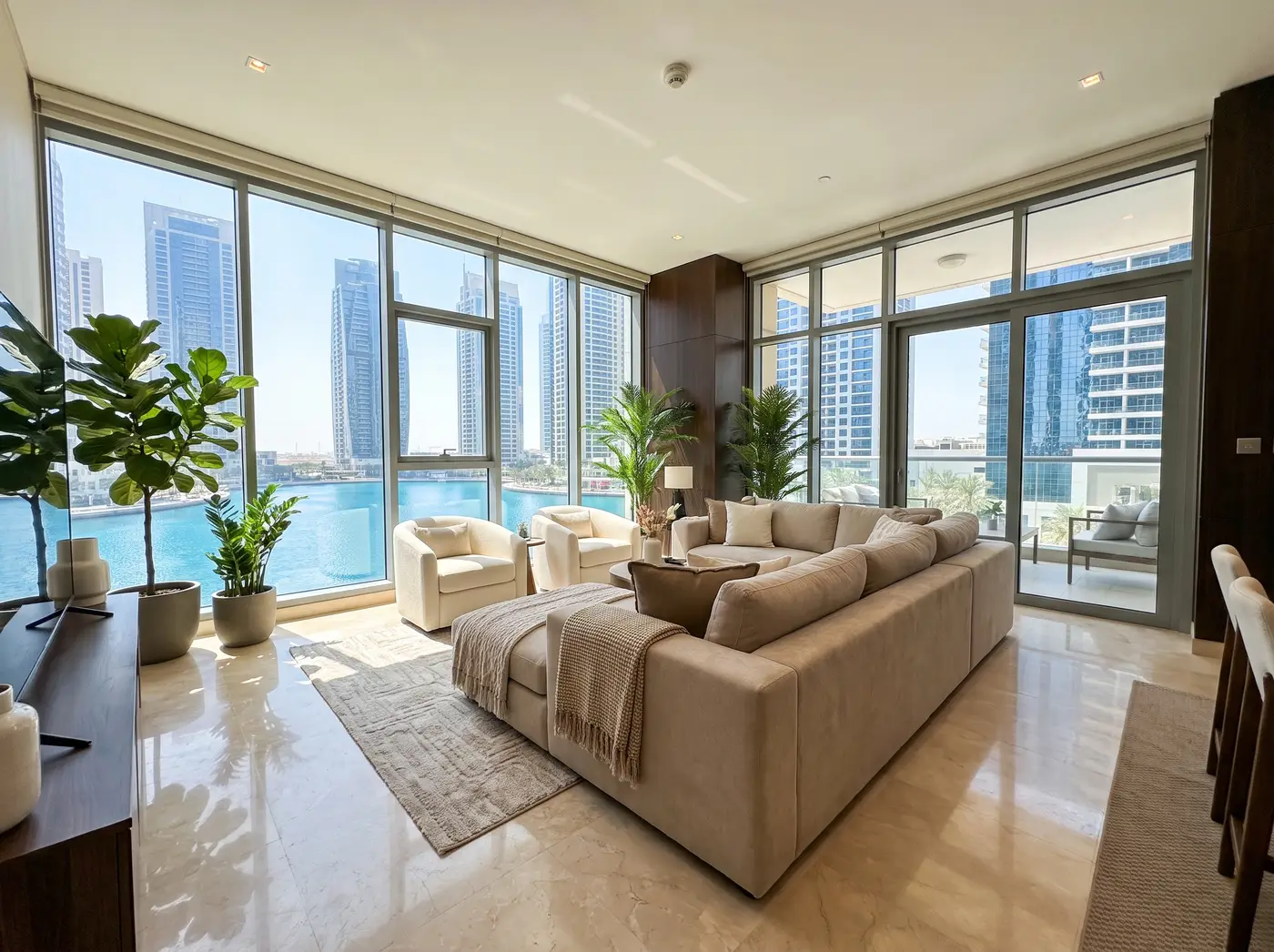 JLT apartment interior with windows over the lake and neighbouring towers