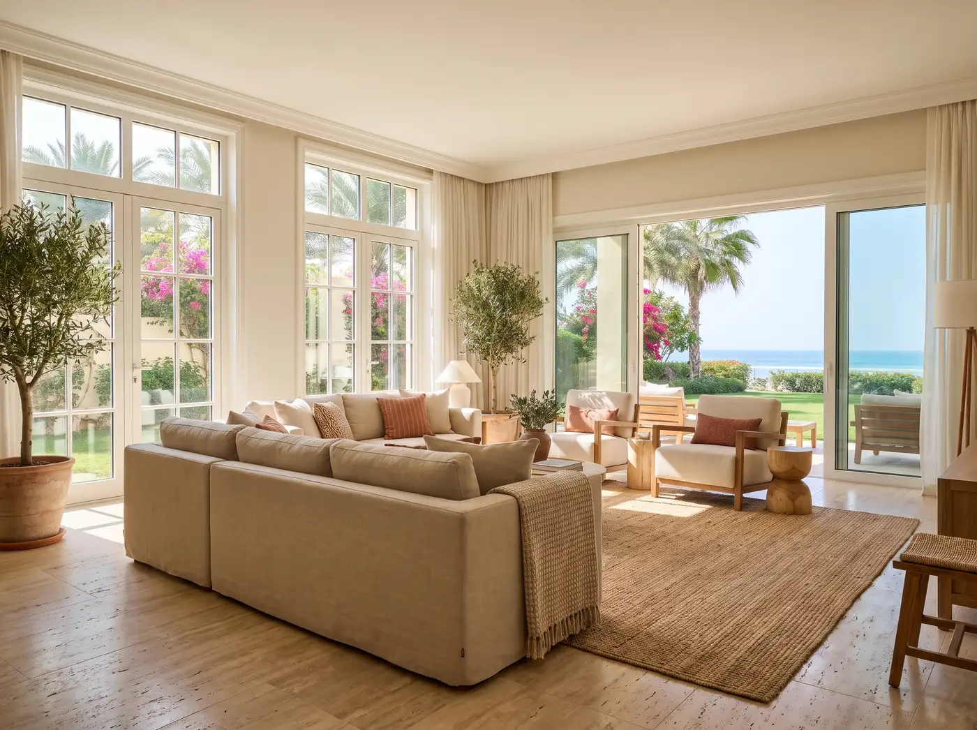 Jumeirah villa living room with white-framed glass doors to a lush garden